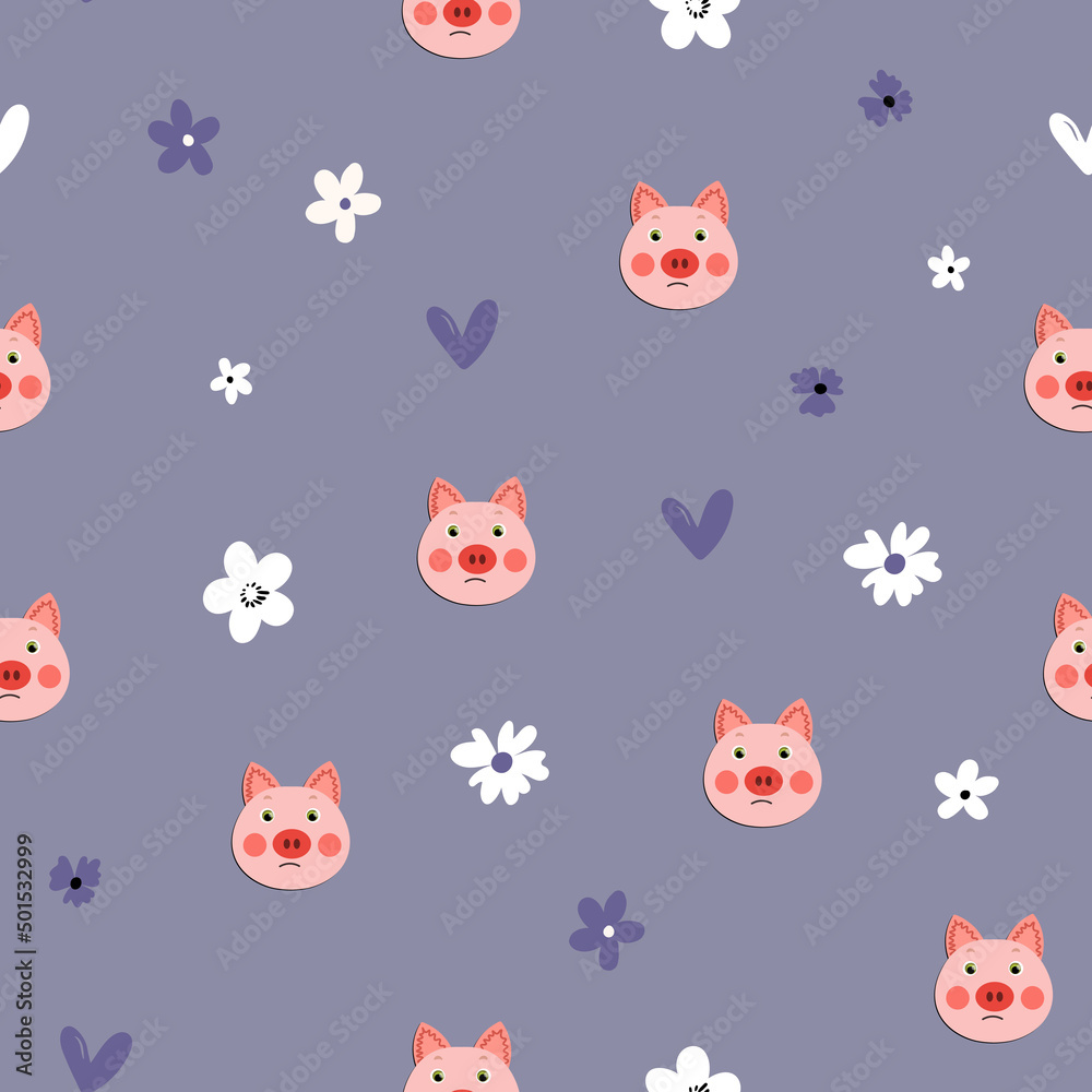 Vector flat animals colorful illustration for kids. Seamless pattern with cute pig face on color polka dots background. Adorable cartoon character. Design for textures, card, poster, fabric, textile