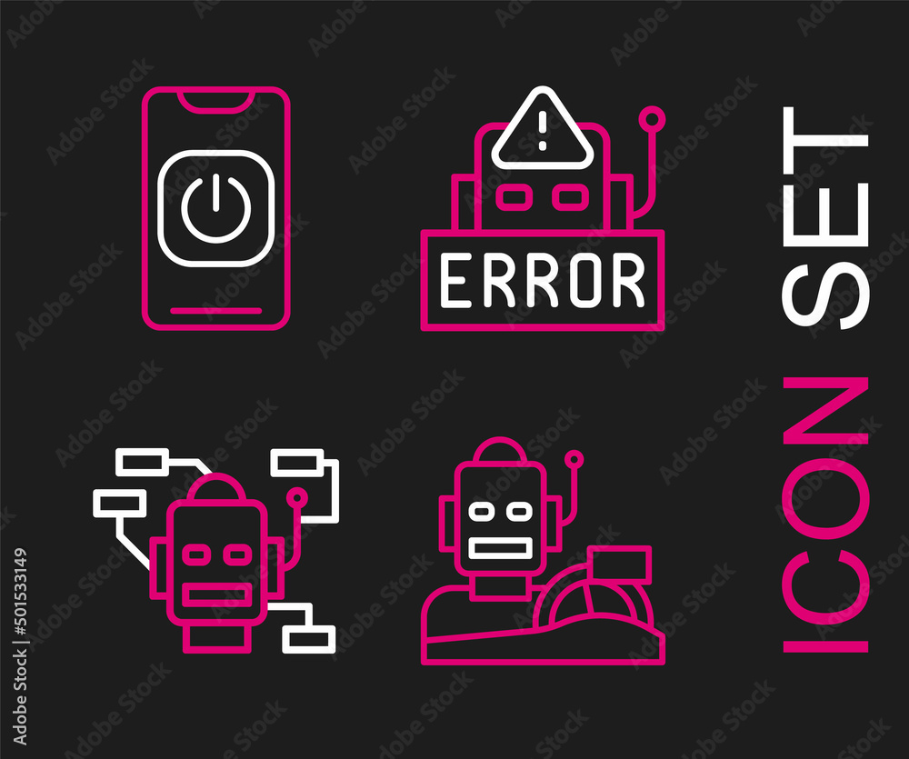 Set line Robot humanoid driving a car, Error robot and Turn off from phone icon. Vector Set line Robot humanoid driving a car, Error robot and Turn off from phone icon. Vector