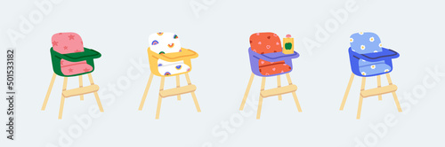 Set of baby high chair with different patterns and apple puree on the table. Feeding seat for infant with print of stars, rainbow, heart, chamomile. Cartoon hand drawn vector. All items are isolated