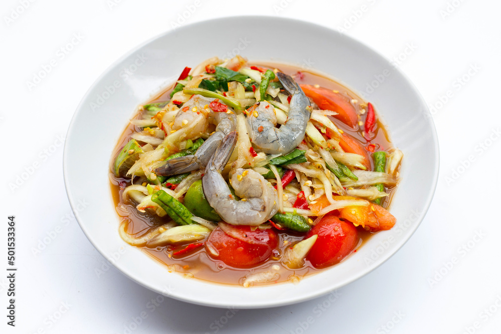 Papaya salad with shrimp in white plate Papaya salad with shrimp in white plate