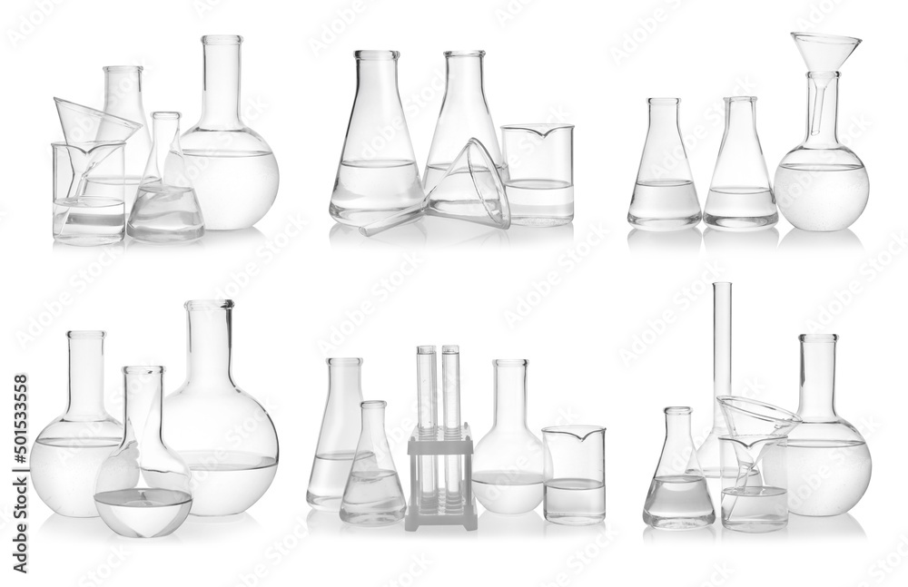 Set of different laboratory glassware on white background Set of different laboratory glassware on white background