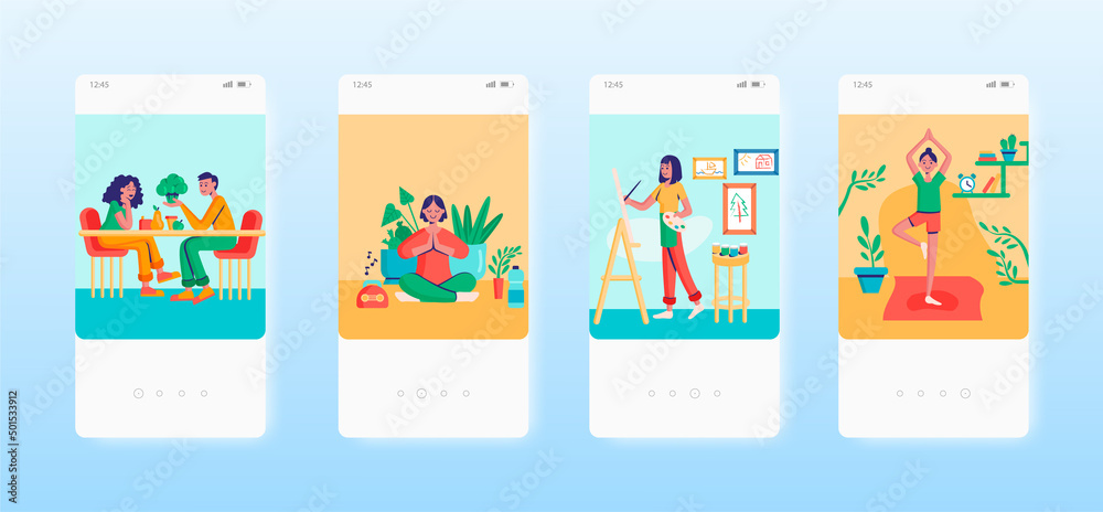 Leisure activities. Meditation, yoga, painting, healthy eating. Mobile app screens, vector website banner template.