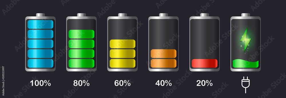Battery levels set.Discharged and fully charged battery. Battery levels set.Discharged and fully charged battery.
