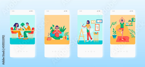Leisure activities. Meditation, yoga, painting, healthy eating. Mobile app screens, vector website banner template.