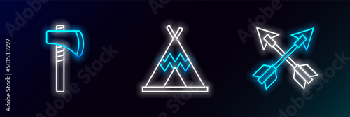 Set line Crossed arrows, Tomahawk axe and Indian teepee or wigwam icon. Glowing neon. Vector