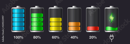 Fotografie, Obraz Battery levels set.Discharged and fully charged battery.