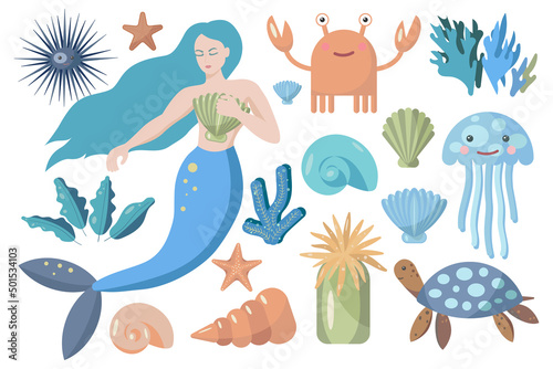 A set of cute illustrations on a nautical theme, a mermaid, an underwater world