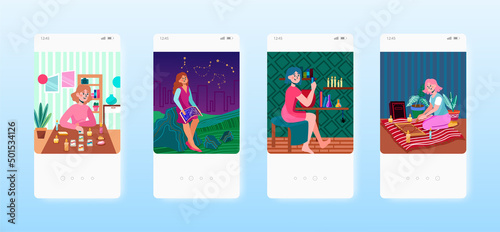 Tarot card prediction, magic potion, astrology, ouija board. Occultism mobile app screen, vector website banner template