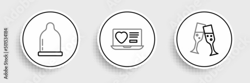 Set line Glass of champagne, Condom and Dating app online icon. Vector