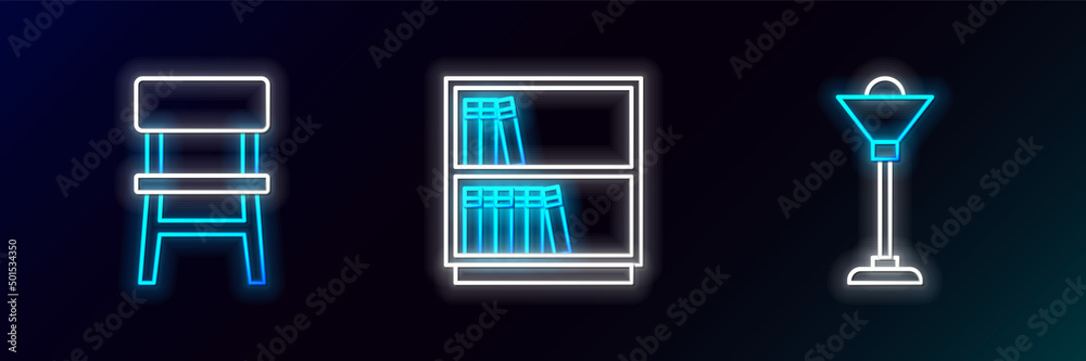 Set line Floor lamp, Chair and Library bookshelf icon. Glowing neon. Vector Set line Floor lamp, Chair and Library bookshelf icon. Glowing neon. Vector