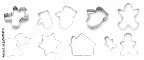 Fotografie, Obraz Set with cookie cutters of different shapes on white background