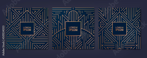 Vector set of luxury cover templates, square line art deco patterns. Design elements for placards, banners, flyers, presentations and cards.