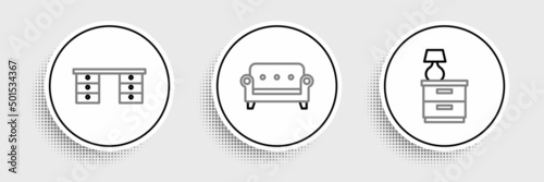 Set line Furniture nightstand with lamp, Office desk and Sofa icon. Vector