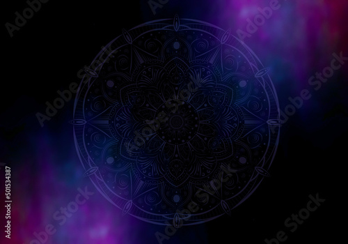 Dark blue and purple mystical greeting card with Mandala. Great for invitation  flyer  menu  brochure  postcard  wallpaper  decoration  or any desired idea.