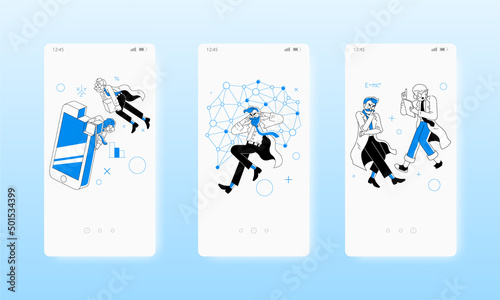 Science research, scientists working in team. Mobile app screens, vector website banner template. UI, web site design