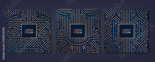 Vector set of luxury cover templates, square line art deco patterns. Design elements for placards, banners, flyers, presentations and cards.