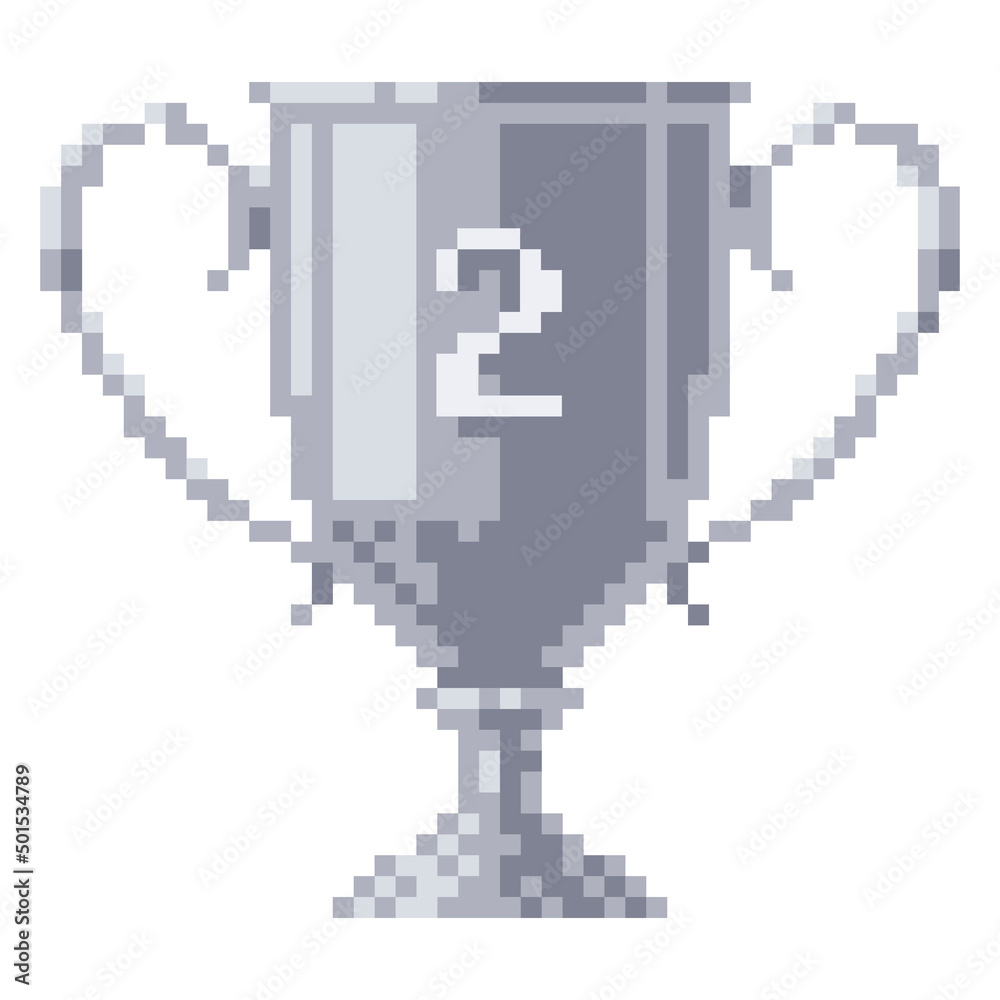 Obraz premium Silver winner cup pixel art style. Goblet with number two on it. Vector illustration.