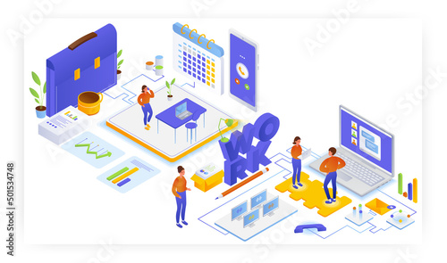 Office work, flat vector isometric illustration. Planning schedule, task management, reminder, teamwork.