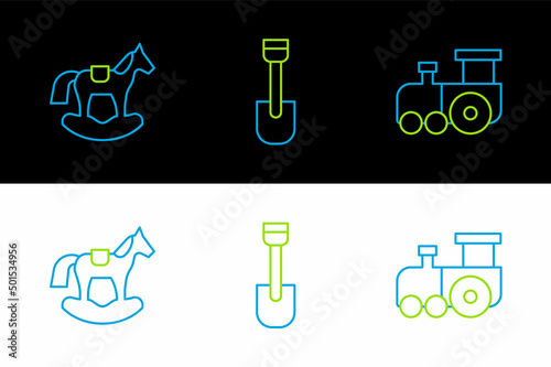 Set line Toy train, Horse saddle swing and Shovel toy icon. Vector