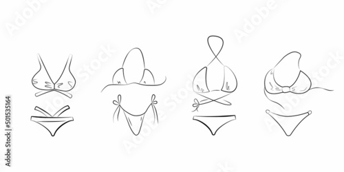 Set of hand drawn bikinis. Sketch of women's swimwear for summer vacation on the beach. Black outline isolated on white background. Vector