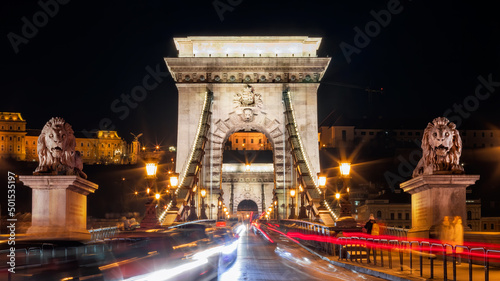 chain bridge at night - traffic in Budapest © David