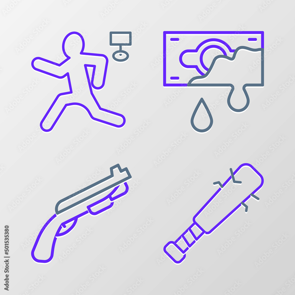 Set line Baseball bat with nails, Police shotgun, Bloody money and Murder icon. Vector Set line Baseball bat with nails, Police shotgun, Bloody money and Murder icon. Vector