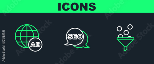 Set line Lead management, Advertising and SEO optimization icon. Vector