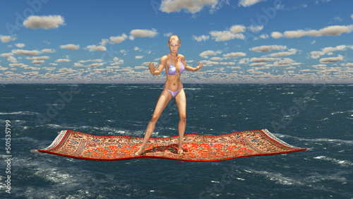 Attraktive junge Frau auf fliegendem Teppich über dem Meer