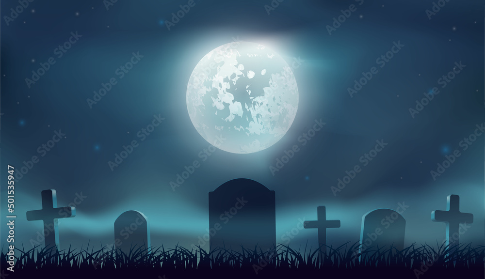 Graveyard at night. Fog. Sinister. Memorial park or crypts graveyard. Halloween landscape with gravestones. Party Banner Background. Graveyard at night. Fog. Sinister. Memorial park or crypts graveyard. Halloween landscape with gravestones. Party Banner Background.