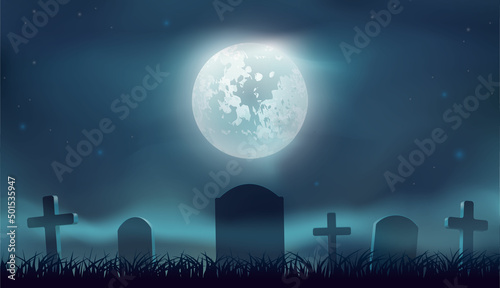 Graveyard at night. Fog. Sinister. Memorial park or crypts graveyard. Halloween landscape with gravestones. Party Banner Background.