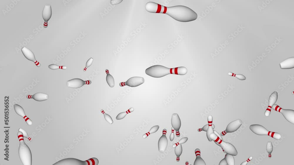 Wideo Stock 4K Loop Falling bowling pins 3D animation of white bowling pins filling screen