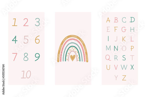 Cute set of educational posters for the playroom. Hand drawn alphabet and numbers. Wall art decor in the nursery. Baby rainbow print in Scandinavian style. Kids print in pastel colors.