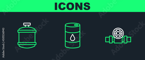 Set line Metallic pipes and valve, Propane gas tank and Barrel oil icon. Vector