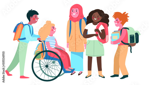 group of school friends of different ethnicity, age and physical ability or disability standing together and smiling - hand drawn vector illustration