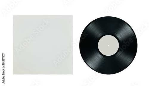 Vinyl record in white paper case. Mockup vinyl envelope. Music album sleeve. Music vintage style. Classic audio. Analog sound. Flat lay isolated on white background