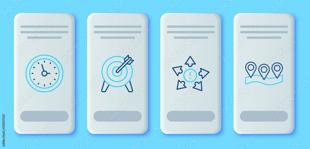 Set line Target, Many ways directional arrow, Clock and Location icon. Vector Set line Target, Many ways directional arrow, Clock and Location icon. Vector