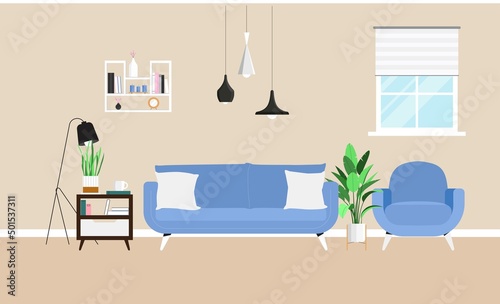 Living room scene, interior elements such as sofa, pillows, coffee table, plants, lamp, armchair, shelf. Vector illustration in flat style, minimal modern interior © Jango_art