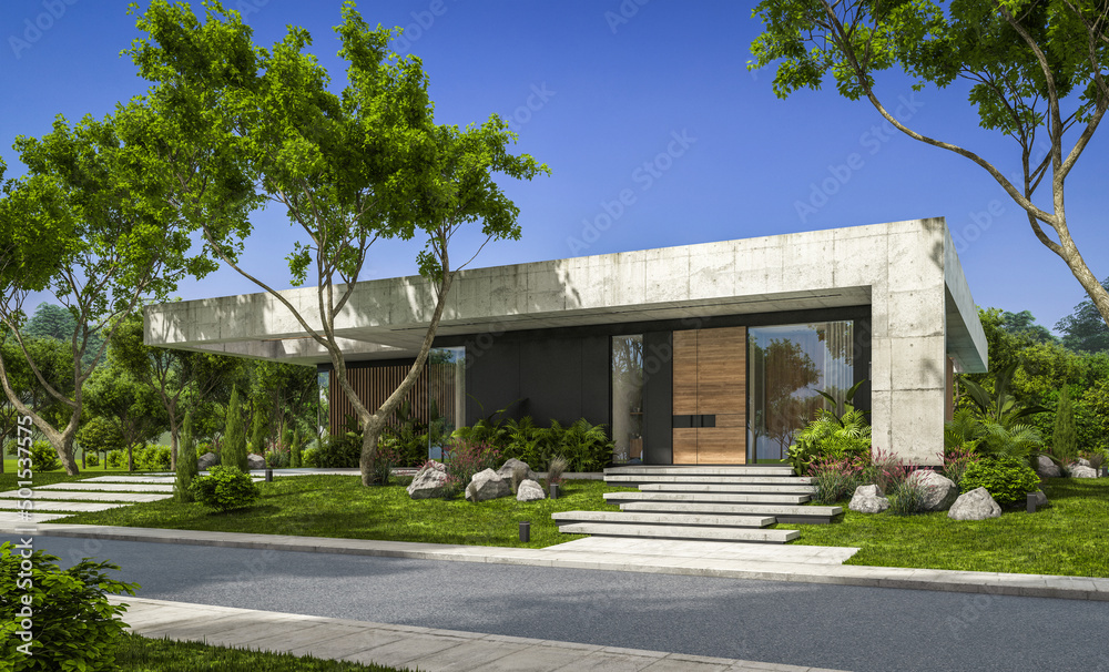 3d rendering of new concrete house in modern style with pool and parking for sale or rent and beautiful landscaping on background. The house has only one floor. Summer sunny day with clear blue sky.
