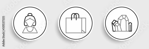 Set line Gem stone, Consultant of jewelry store and Shopping bag icon. Vector
