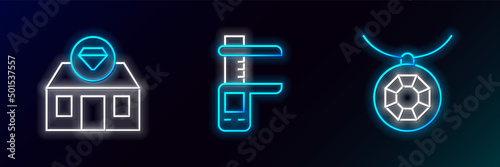 Set line Pendant on necklace, Jewelry store and Calliper caliper and scale icon. Glowing neon. Vector