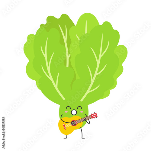 Leaves lettuce cute character cartoon green salad plays the guitar sings face happy emotions vector illustration.