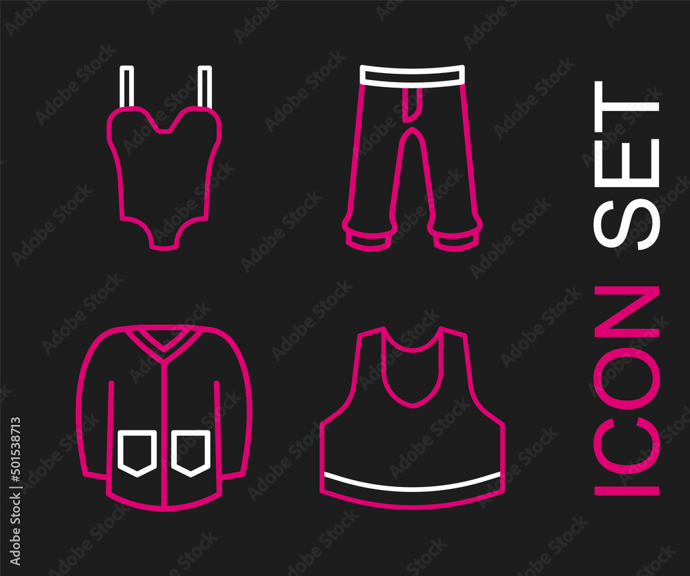 Set line Undershirt, Sweater, Pants and Swimsuit icon. Vector Set line Undershirt, Sweater, Pants and Swimsuit icon. Vector