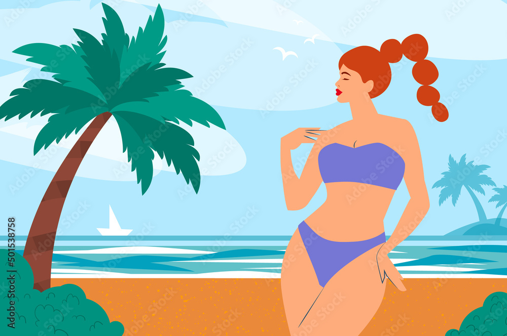 Hello summer. Happy young woman on a tropical beach wearing violet swimwear. Summertime. Sea, sky, palms and beautiful beach.