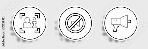 Set line Megaphone, Television report and Censored stamp icon. Vector