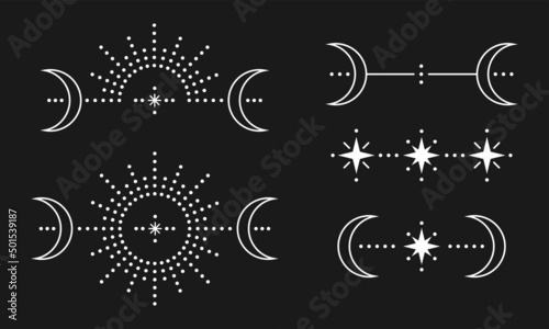 Sun and moon set. Simple graphic style. White objects isolated on Black background.