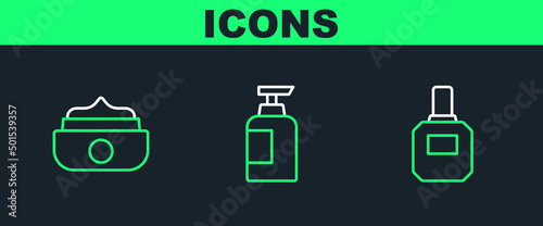 Set line Aftershave, Gel or wax for hair styling and Bottle of shampoo icon. Vector