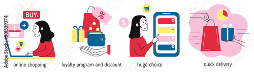 Online shopping illustrations set. Collection of scenes with benefits of ordering goods online. Trendy vector style
