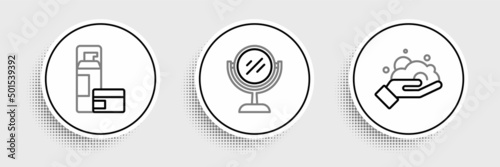 Set line Shaving foam on hand, gel and Hand mirror icon. Vector