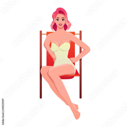 Girl in a deck chair isolated on a white background. Female character in a swimsuit. Vector cute Illustration in cartoon style. Fashion.