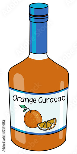 Orange Curacao Liquor in a bottle. Doodle cartoon hipster style vector illustration isolated on white background. Good for party card, posters, bar menu or alcohol cook book recipe